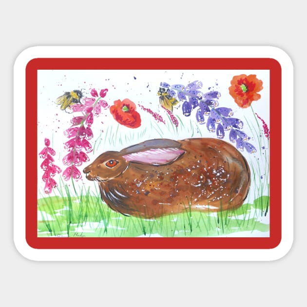 Hare reposing among Flowers and Bumble bees Sticker by Casimirasquirkyart